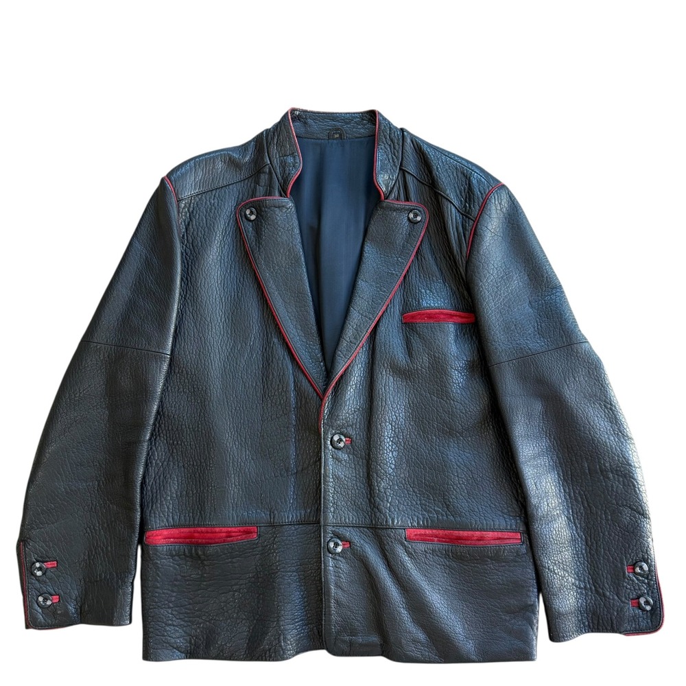 Vintage Mens Black Leather Blazer Jacket Red Trim Western Style‎ Size 50